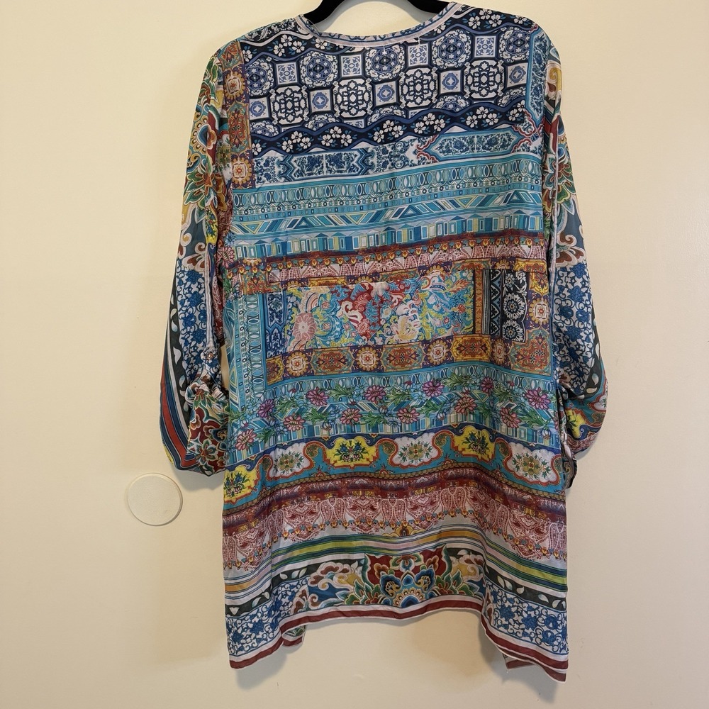 Johnny Was 100% Silk Patchwork Tunic Women's Size Petite L LP Boho Hippie Career - Picture 3 of 12